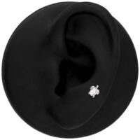 Accessorio piercing tartaruga argento Piccolo accessorio tartaruga argento come piercing su un modello di orecchio nero