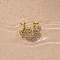 Inserto a pressione dorato a forma di granchio Inserto dorato a forma di granchio con strass su sfondo sabbioso