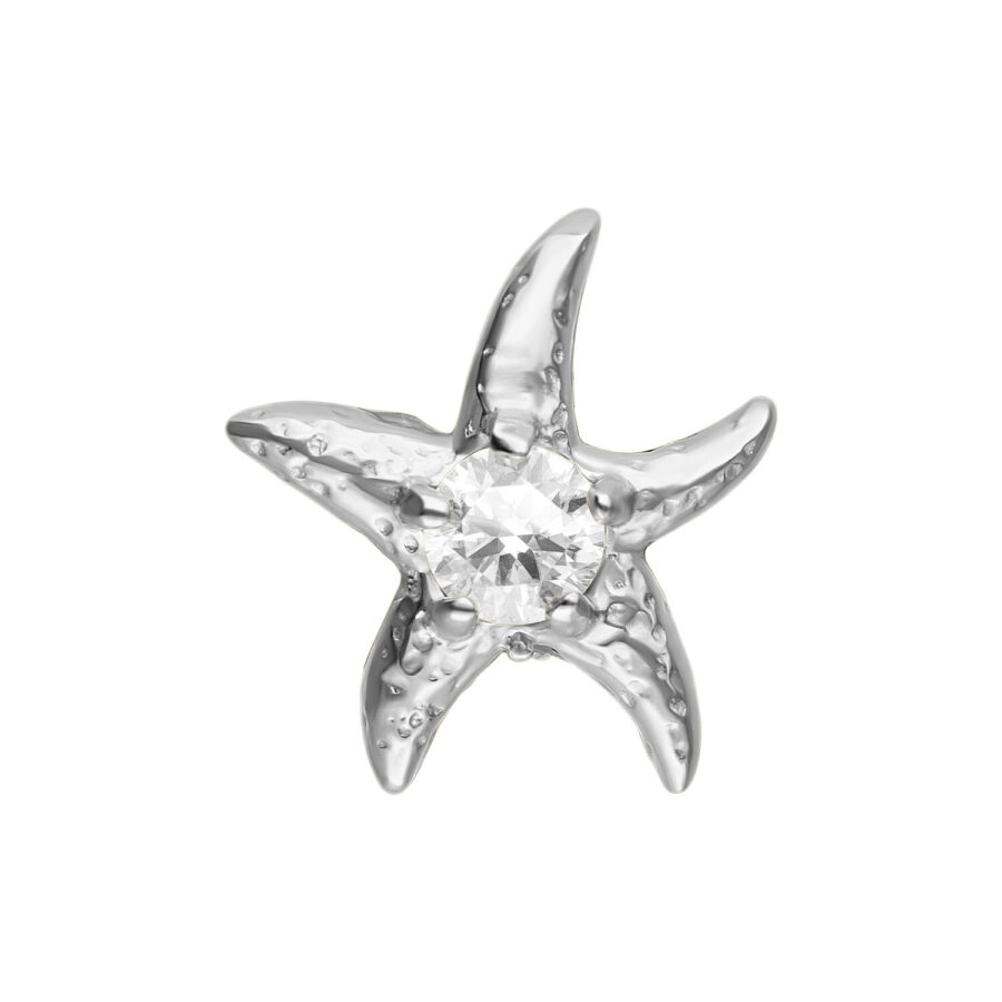Accessorio a stella marina in argento con pietra brillante al centro, su sfondo bianco