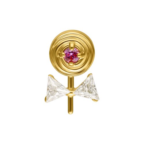 Punta Lollipop per piercing in oro con pietra rosa e due zirconi chiari, su sfondo bianco
