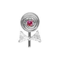 Attacco piercing argento con pietra rosa e fiocco di zirconia su sfondo bianco