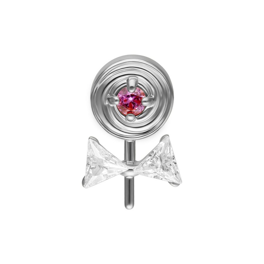 Attacco piercing argento con pietra rosa e fiocco di zirconia su sfondo bianco