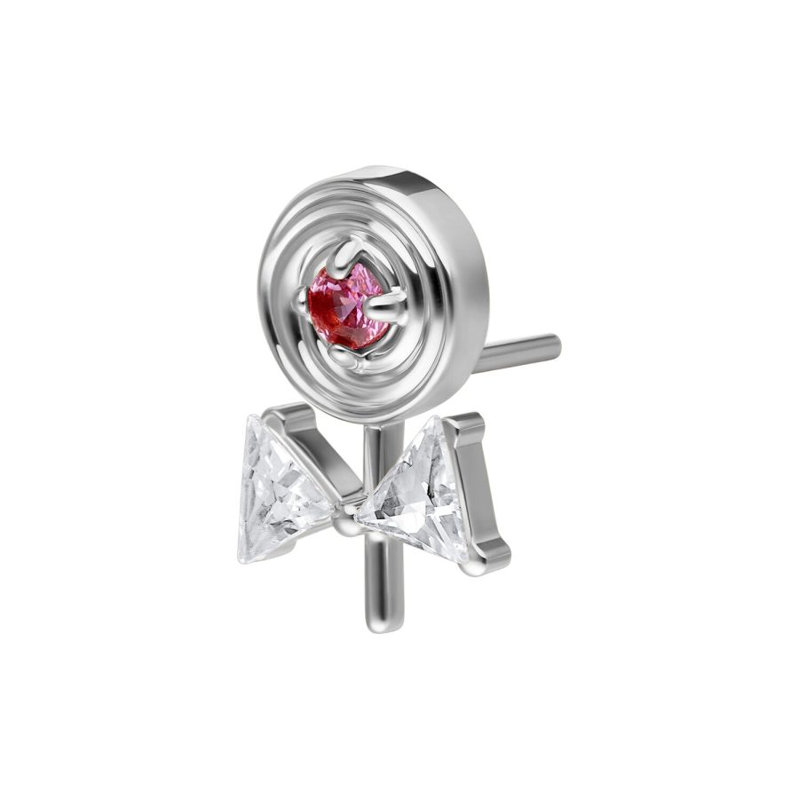 Lollipop d'argento Push Fit con cristallo rosso e chiaro su sfondo bianco