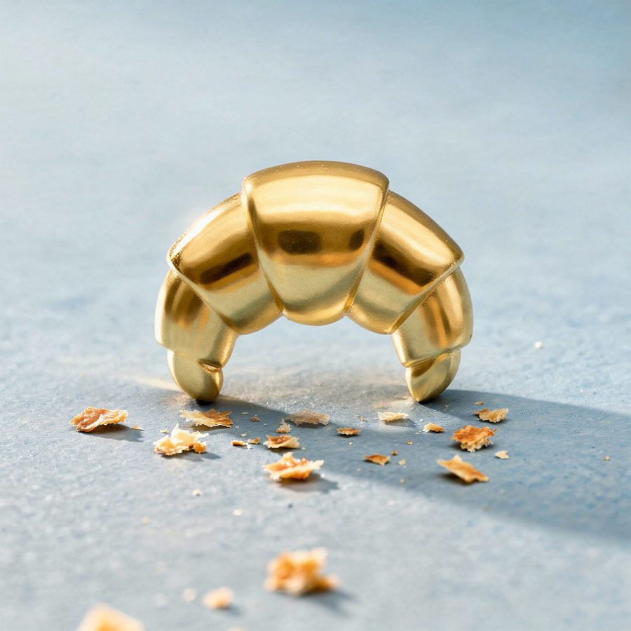 Accessorio a forma di croissant dorato in titanio su sfondo azzurro con briciole