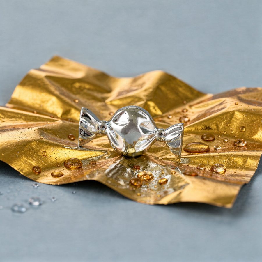 Punta per piercing a forma di caramella argento su foglio dorato con gocce d'acqua