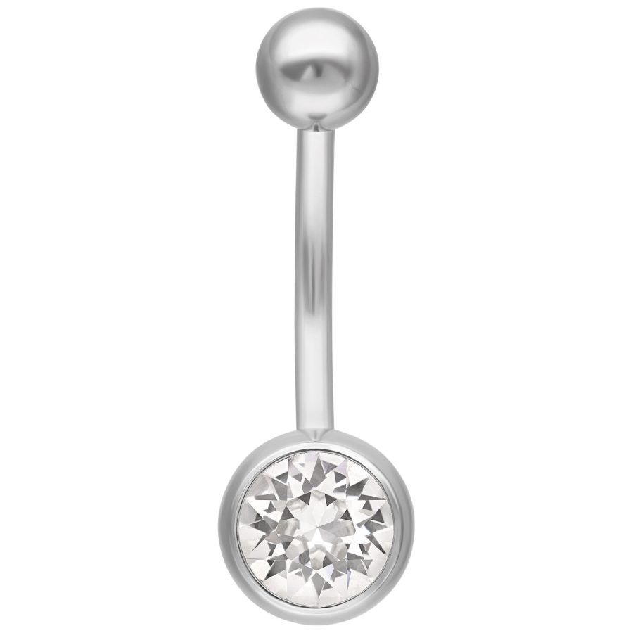 Piercing all'ombelico in argento con cristallo chiaro su sfondo bianco