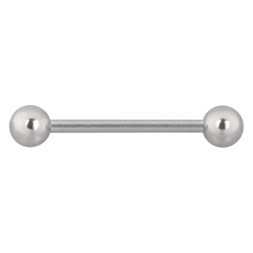 Barbell in titanio argento con lunghezza di 18 mm e sfere da 5 mm su sfondo bianco