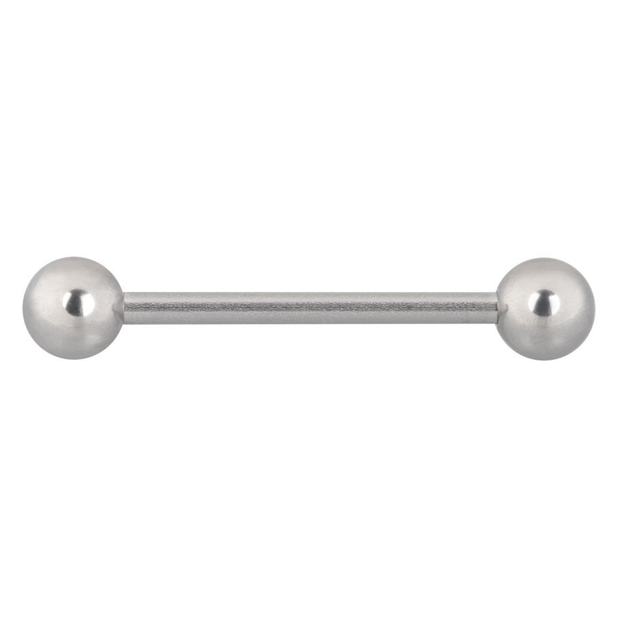 Barbell in titanio argento 18 mm, sfera 5 mm Barbell in titanio argento con lunghezza di 18 mm e sfere da 5 mm su sfondo bianco
