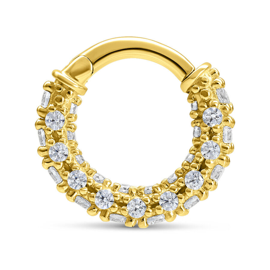 Anello dorato 18K Hinged con cristalli chiari su sfondo bianco