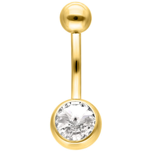 Piercing dorato per ombelico con cristallo chiaro su sfondo bianco