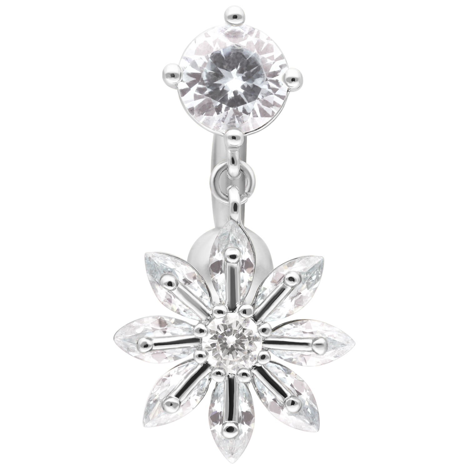 Piercing bananabell in argento con ciondolo floreale e cristallo chiaro su sfondo bianco
