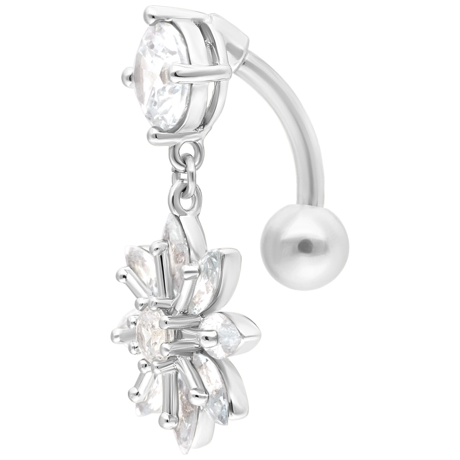 Banana piercing in argento con ciondolo floreale e cristalli chiari su sfondo bianco