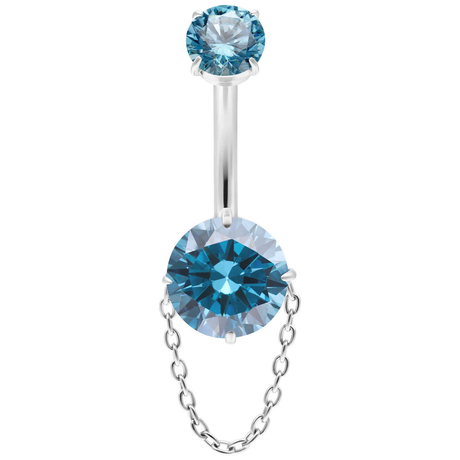Piercing ombelico con cristalli turchesi e catena, su sfondo bianco