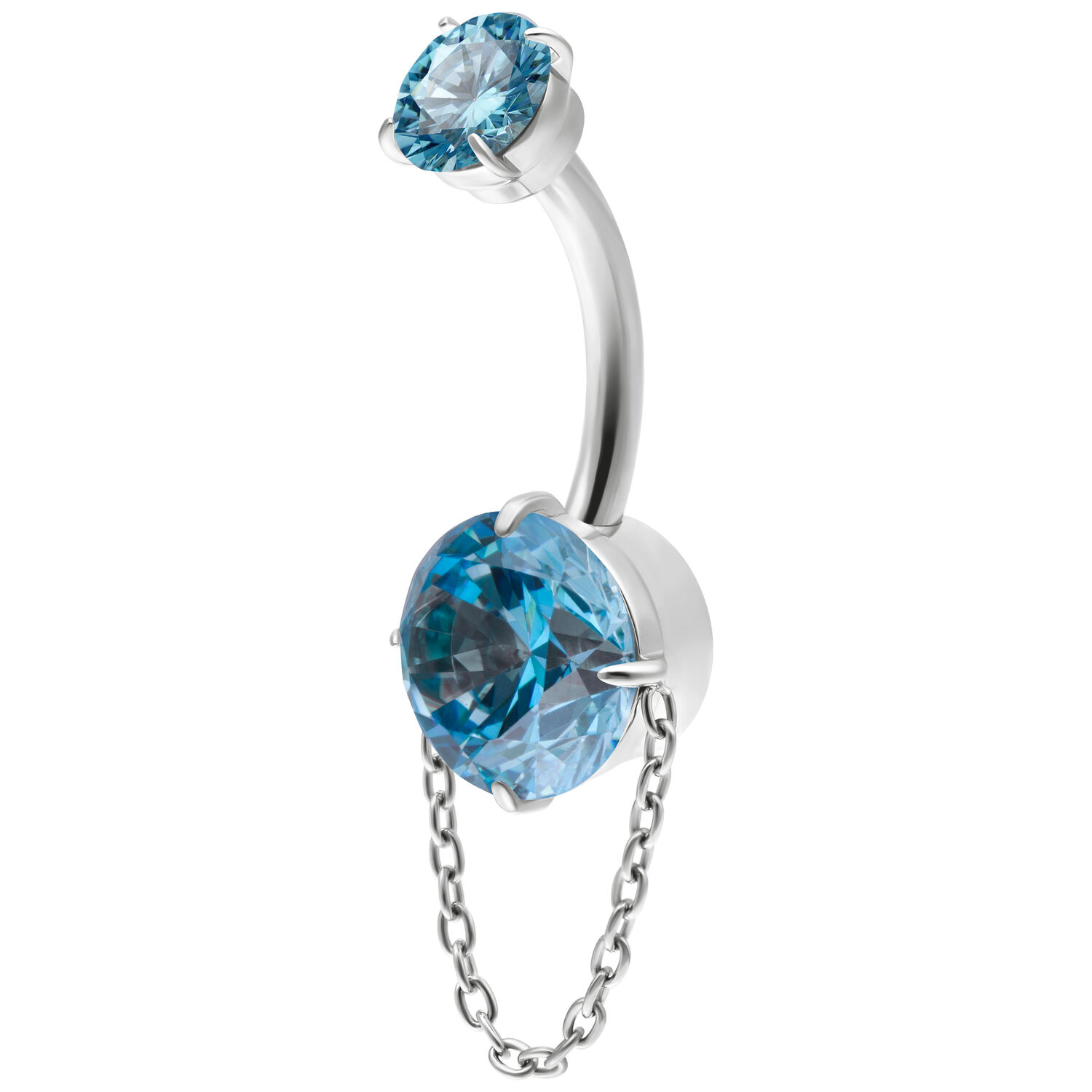 Piercing all'ombelico con due cristalli turchesi e una catena, in un design sinuoso su sfondo bianco