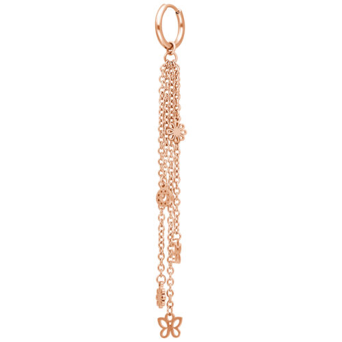 Collana per orecchio in oro rosa con più catene e piccoli ciondoli, fissata con una chiusura a scatto, su sfondo bianco