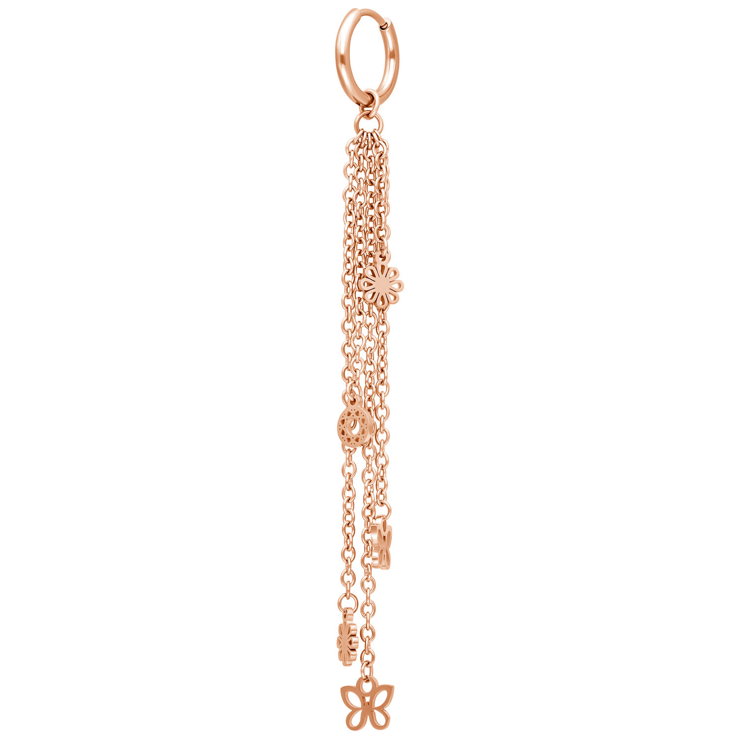 Collana per orecchio in oro rosa con ciondoli Collana per orecchio in oro rosa con più catene e piccoli ciondoli, fissata con una chiusura a scatto, su sfondo bianco