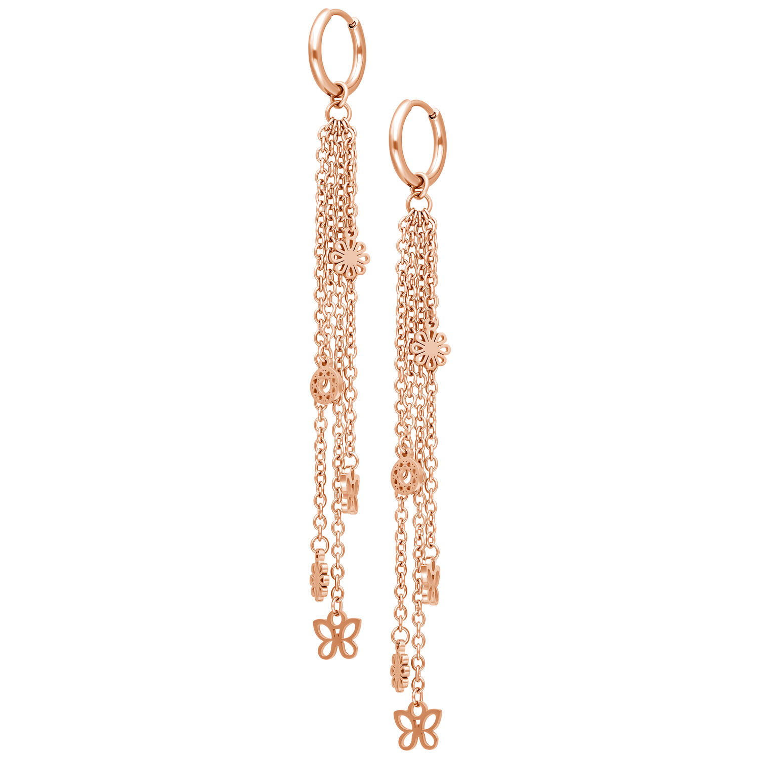 Orecchini in oro rosa con pendenti a catena Lunghi orecchini in acciaio inox oro rosa con più catene e pendenti a forma di fiore su sfondo bianco