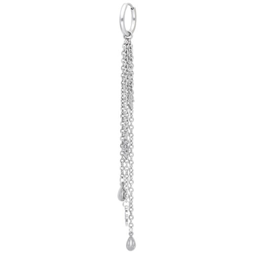 Orecchino pendente in argento con lunghe catene e gocce di cristallo su sfondo bianco