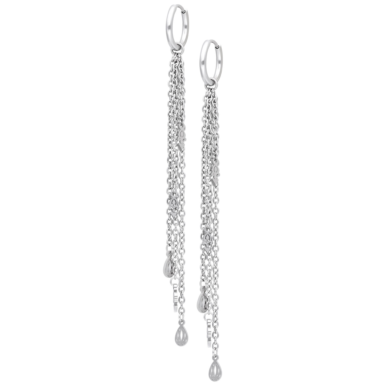 Orecchini a Goccia d'Argento con Catene Lunghi orecchini d'argento con pendenti a goccia e catene su sfondo bianco