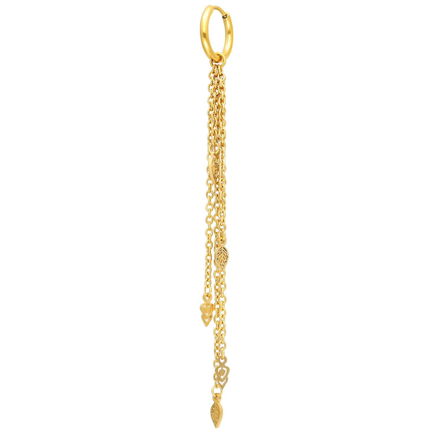 Orecchini d'oro con lunghe catene Orecchini d'oro con lunghe catene pendenti e pendenti a foglia su sfondo bianco
