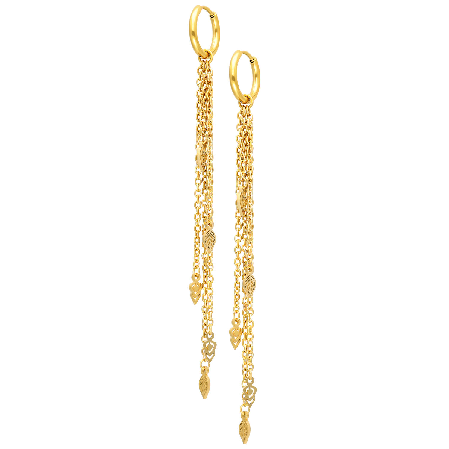Orecchini d'oro con lunghe catene pendenti Orecchini d'oro con lunghe e sottili catene pendenti, su sfondo bianco