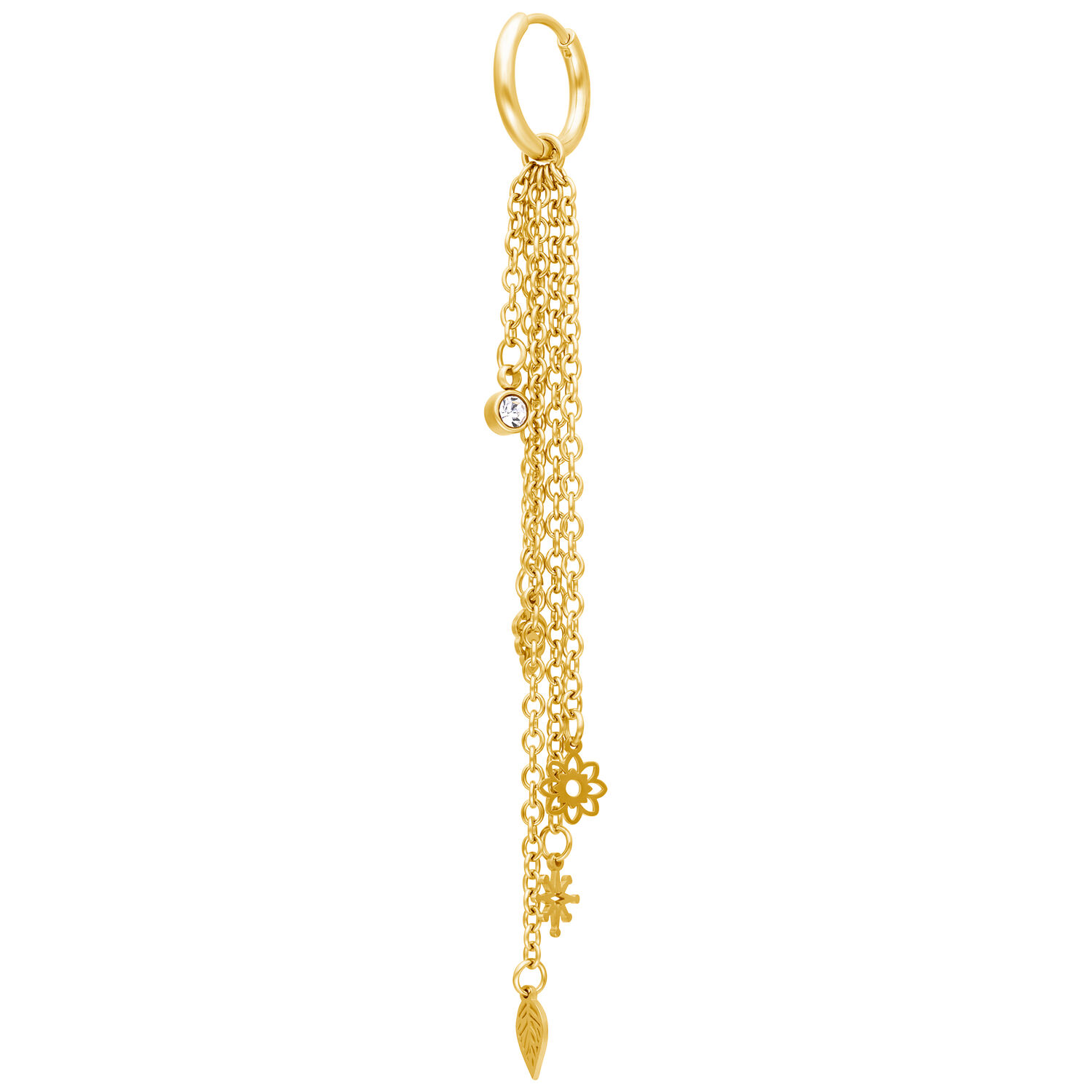 Orecchini a Cerchio Boho Dorati con Pendenti Orecchino dorato con più catene e pendenti, sfondo bianco