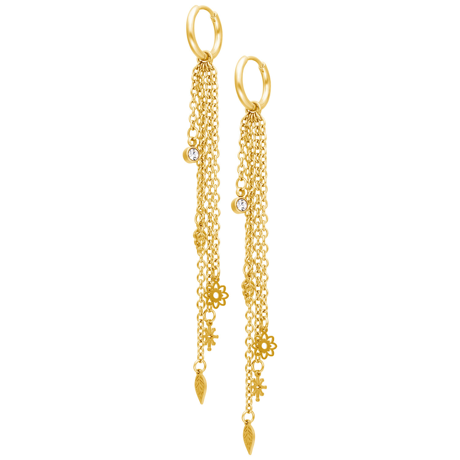 Orecchini Boho dorati con pendente a catena Lunghi orecchini dorati con pendenti a catena e motivi floreali su sfondo bianco