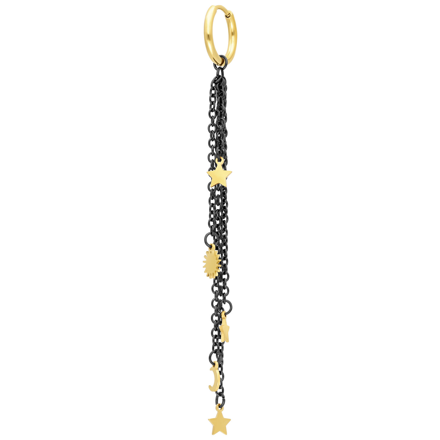 Orecchini Pendenti Mystic Night Oro/Nero Orecchino dorato con catene nere e pendenti dorati su sfondo bianco