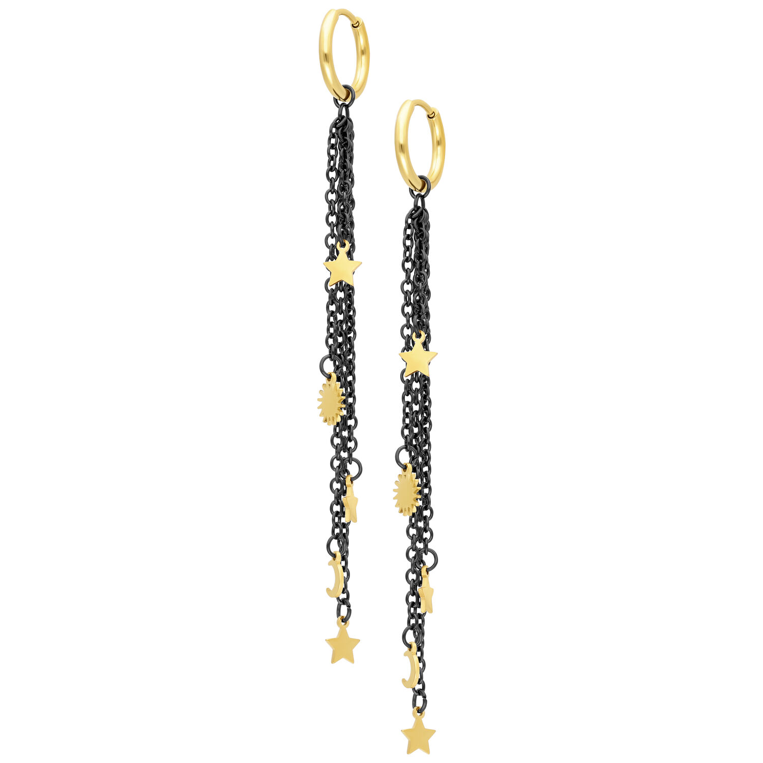 Orecchini lunghi con stelle in oro e nero Due orecchini lunghi con stelle dorate e catene nere su sfondo bianco