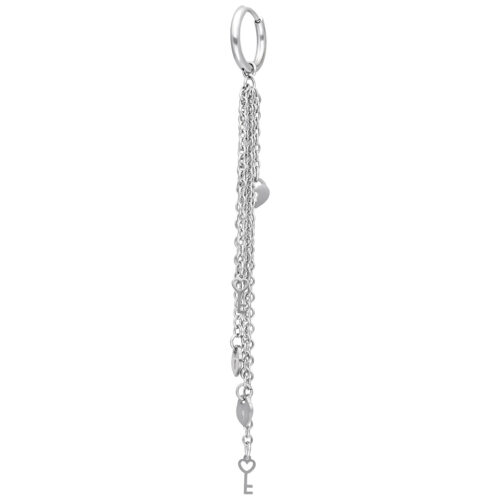 Orecchini argentati in acciaio inox con lunghe catene e motivo a cuore su sfondo bianco