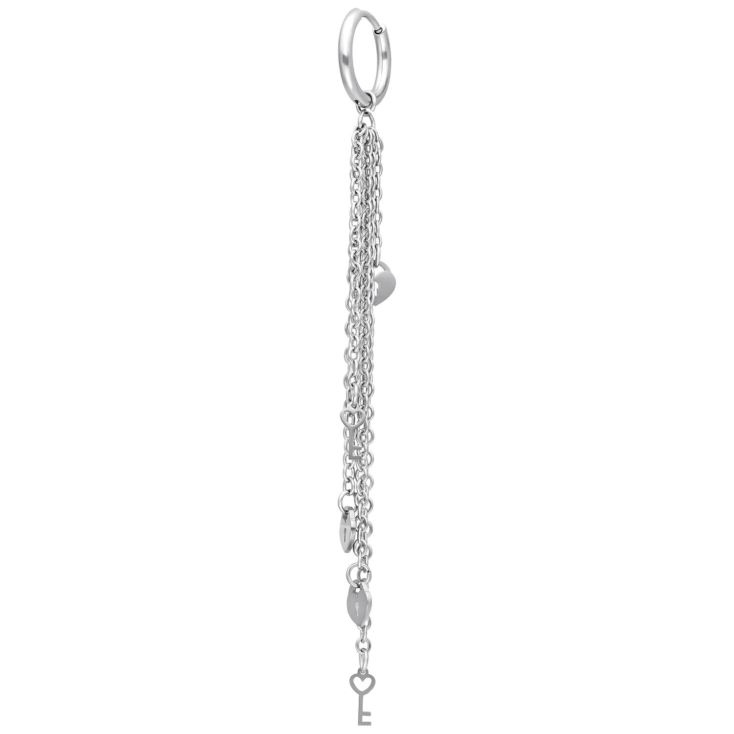 Orecchini pendenti in acciaio inox argentato con ciondolo Orecchini argentati in acciaio inox con lunghe catene e motivo a cuore su sfondo bianco