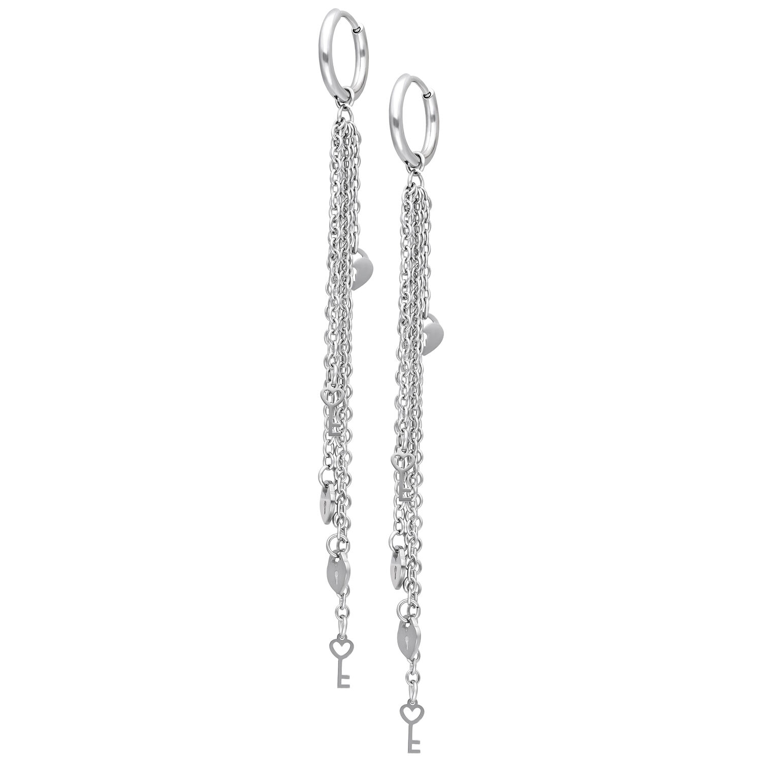 Orecchini pendenti in acciaio inox argentato Orecchini lunghi in acciaio inox argentato con catene e pendenti, chiusura a scatto