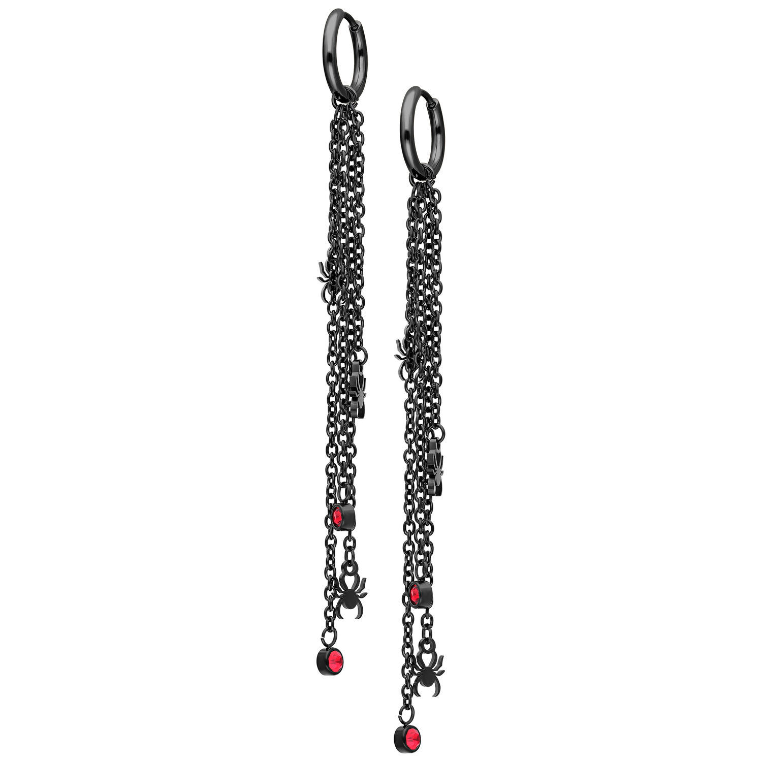 Lunghi orecchini neri con catene e pietre rosse Due lunghi orecchini neri con catene e piccole pietre rosse su sfondo bianco