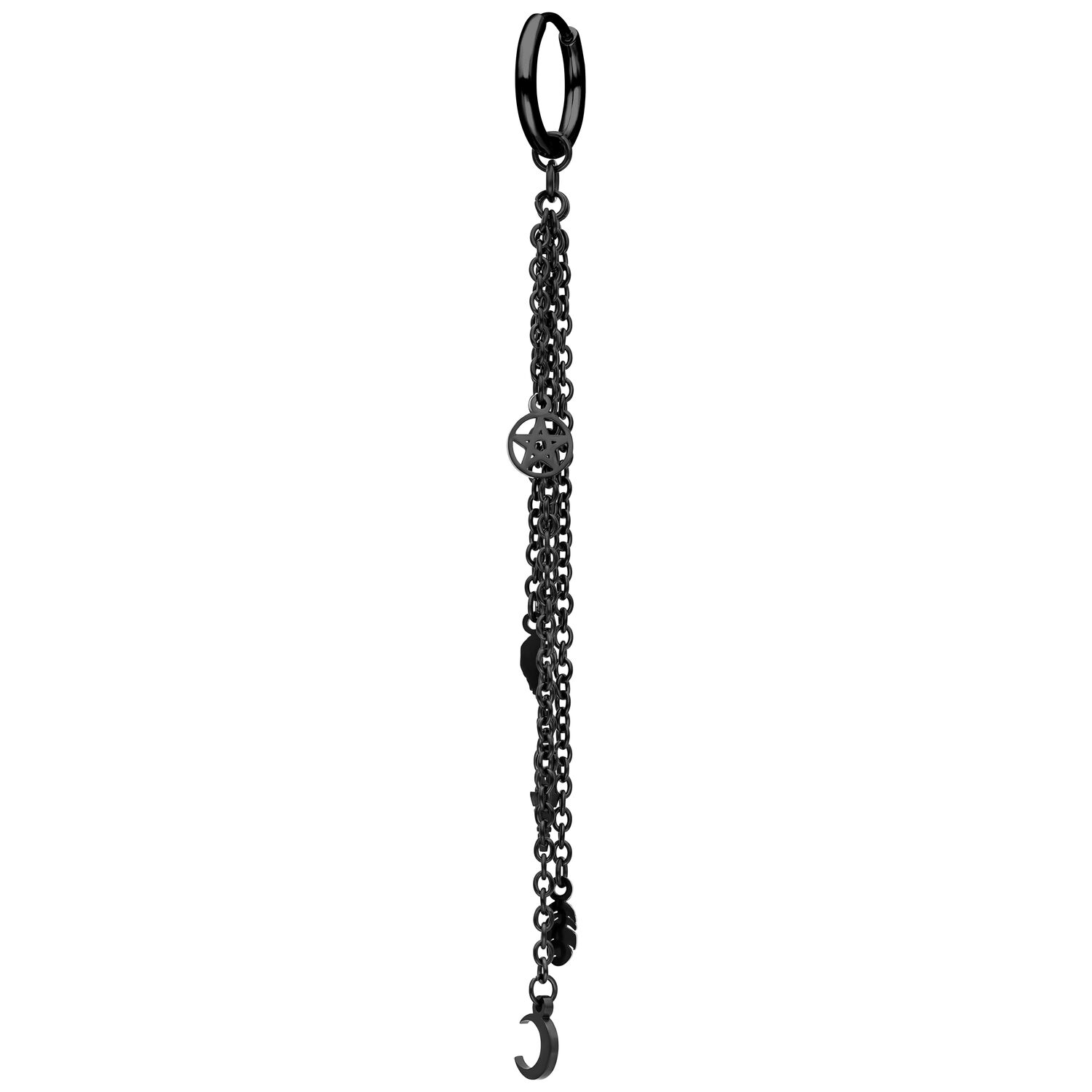 Orecchino in acciaio nero con catene Lungo orecchino a catena nero in acciaio con pendente a mezzaluna su sfondo bianco