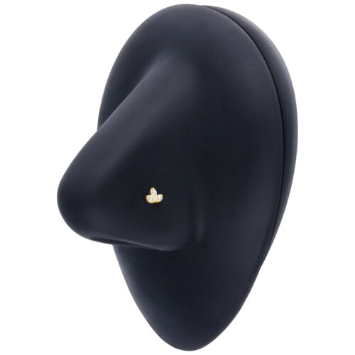 Naso nero con un piercing al naso in oro con loto e zirconi, su sfondo bianco