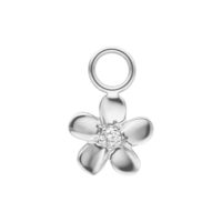 Ciondolo Piercing Fiore Argento Ciondolo a fiore d'argento con cinque petali e un anello in cima su sfondo bianco