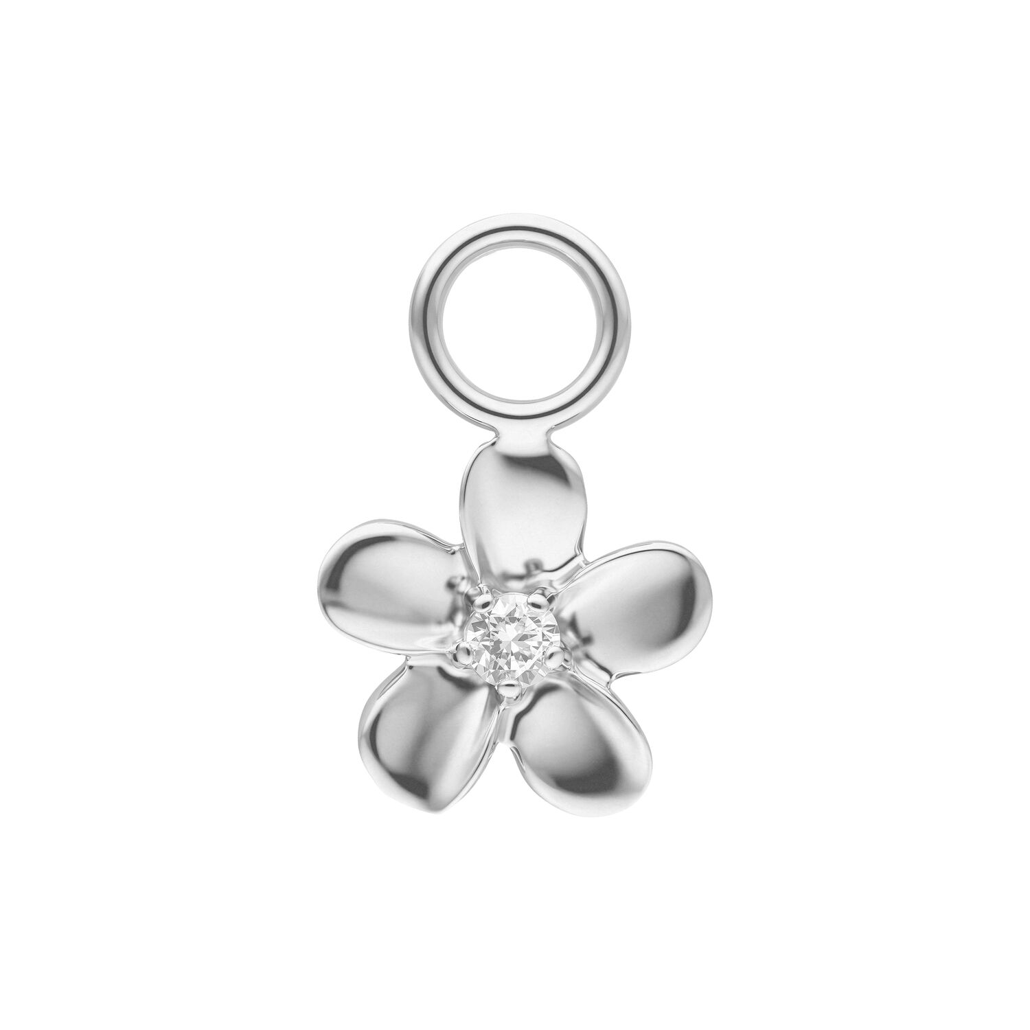Ciondolo Piercing Fiore Argento Ciondolo a fiore d'argento con cinque petali e un anello in cima su sfondo bianco