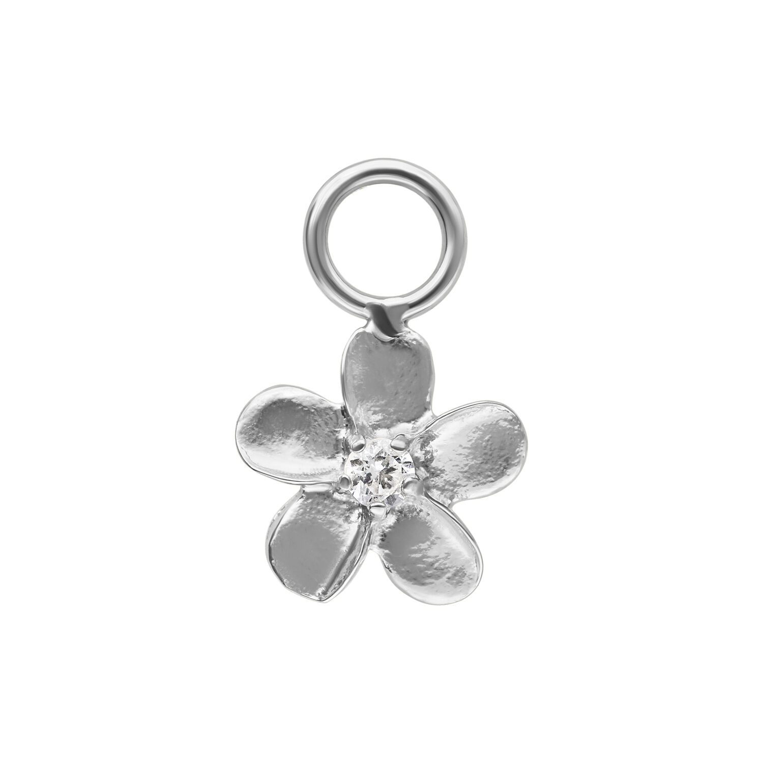 Ciondolo Fiore Argento in Acciaio Chirurgico Ciondolo fiore argento con cinque petali e una pietra scintillante al centro su sfondo bianco