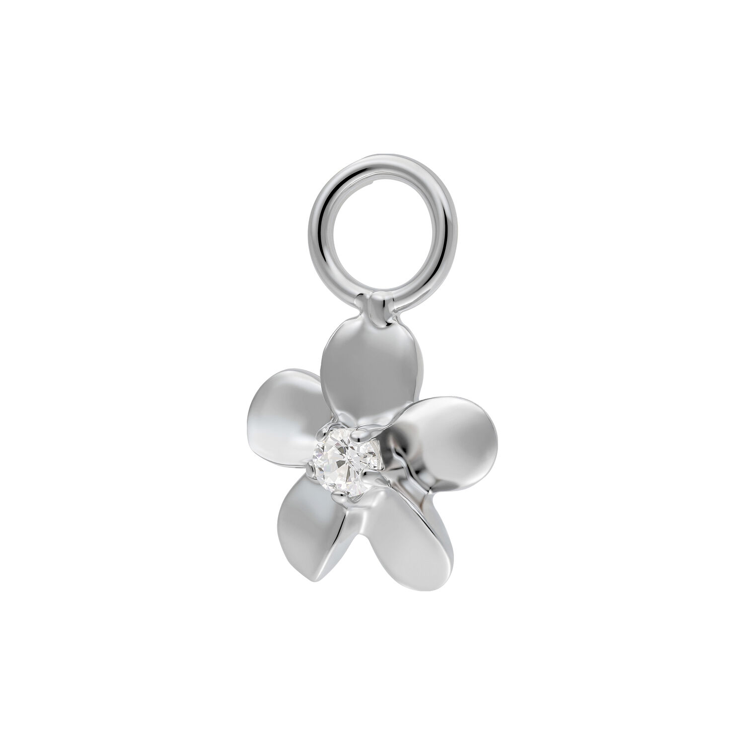Ciondolo floreale in argento con zirconia Ciondolo floreale in argento con scintillante zirconia su sfondo bianco