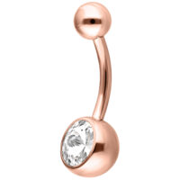 Piercing all'ombelico in oro rosa con cristallo Bananabell in oro rosa con cristallo chiaro su sfondo bianco