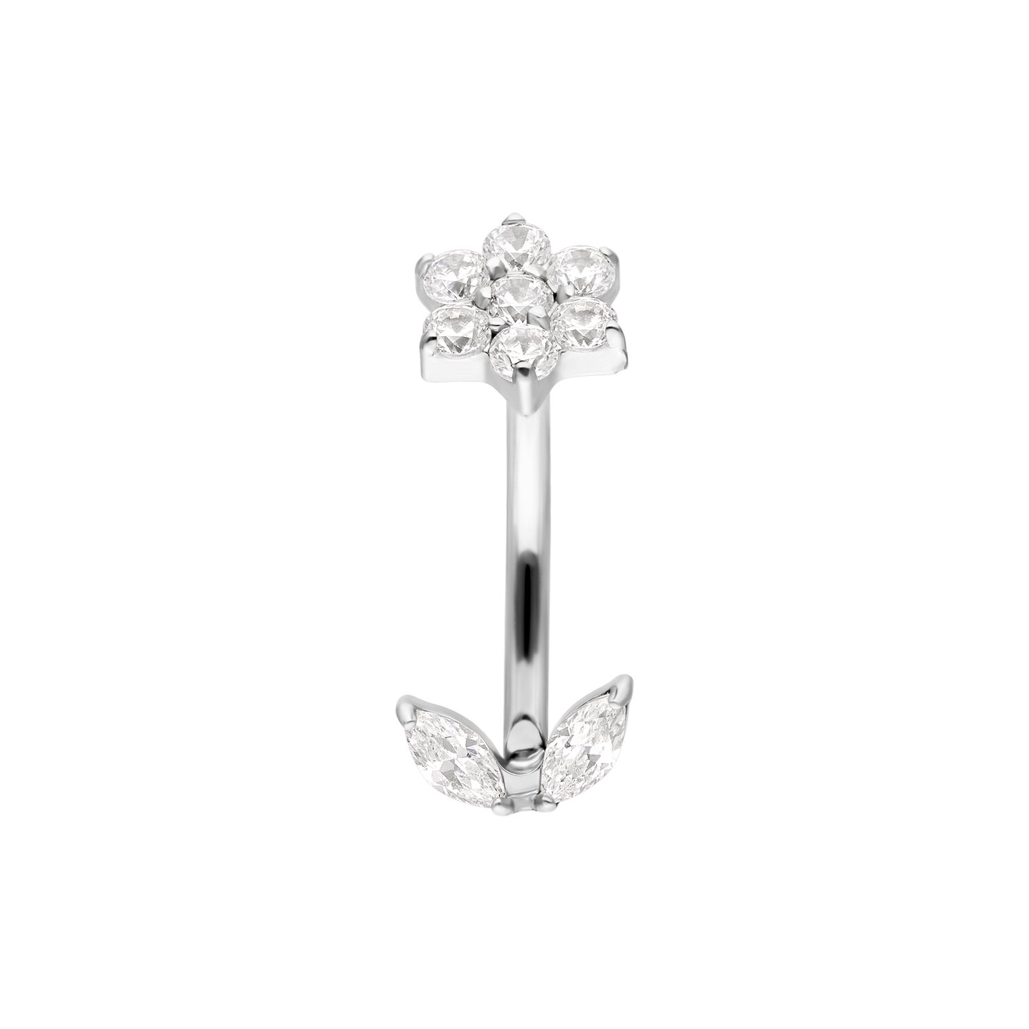 Piercing Bananabell in Argento a Forma di Fiore Bananabell in argento con design a forma di fiore e cristalli su sfondo bianco