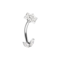 Micro Bananabell in argento con zirconi Bananabell in argento con barra curva e motivo floreale in zirconi su sfondo bianco