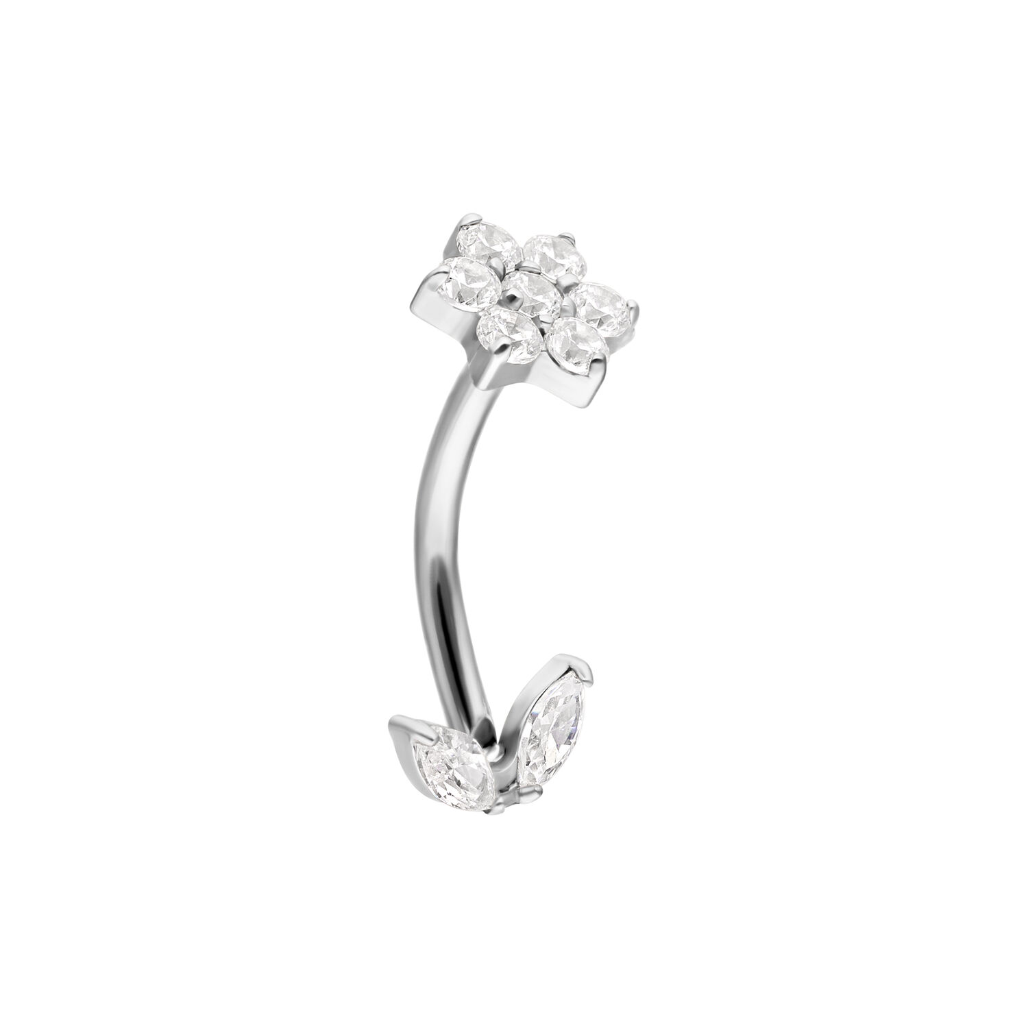 Micro Bananabell in argento con zirconi Bananabell in argento con barra curva e motivo floreale in zirconi su sfondo bianco