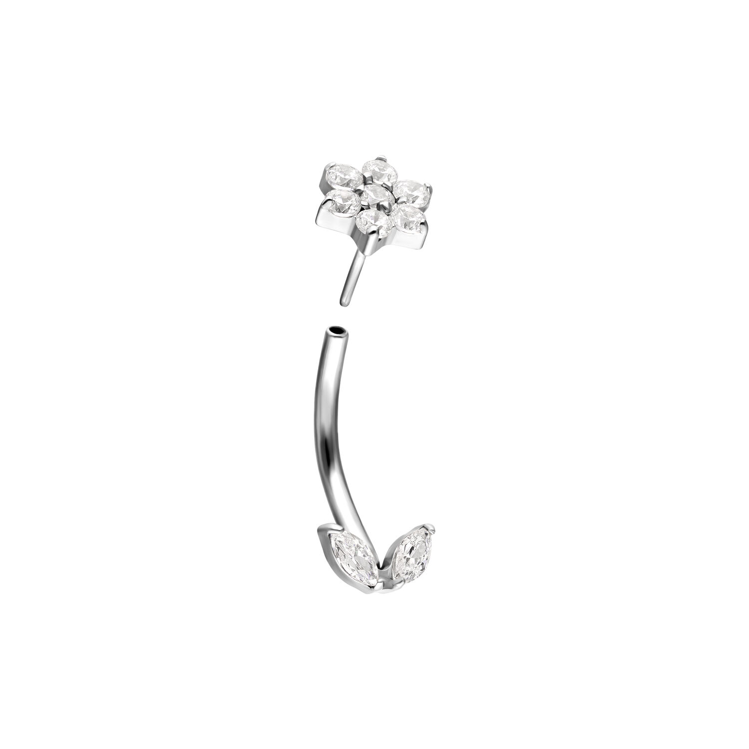 Micro Bananabell in titanio a forma di fiore Piercing a fiore in argento con barra curva e finitura a foglia su sfondo bianco