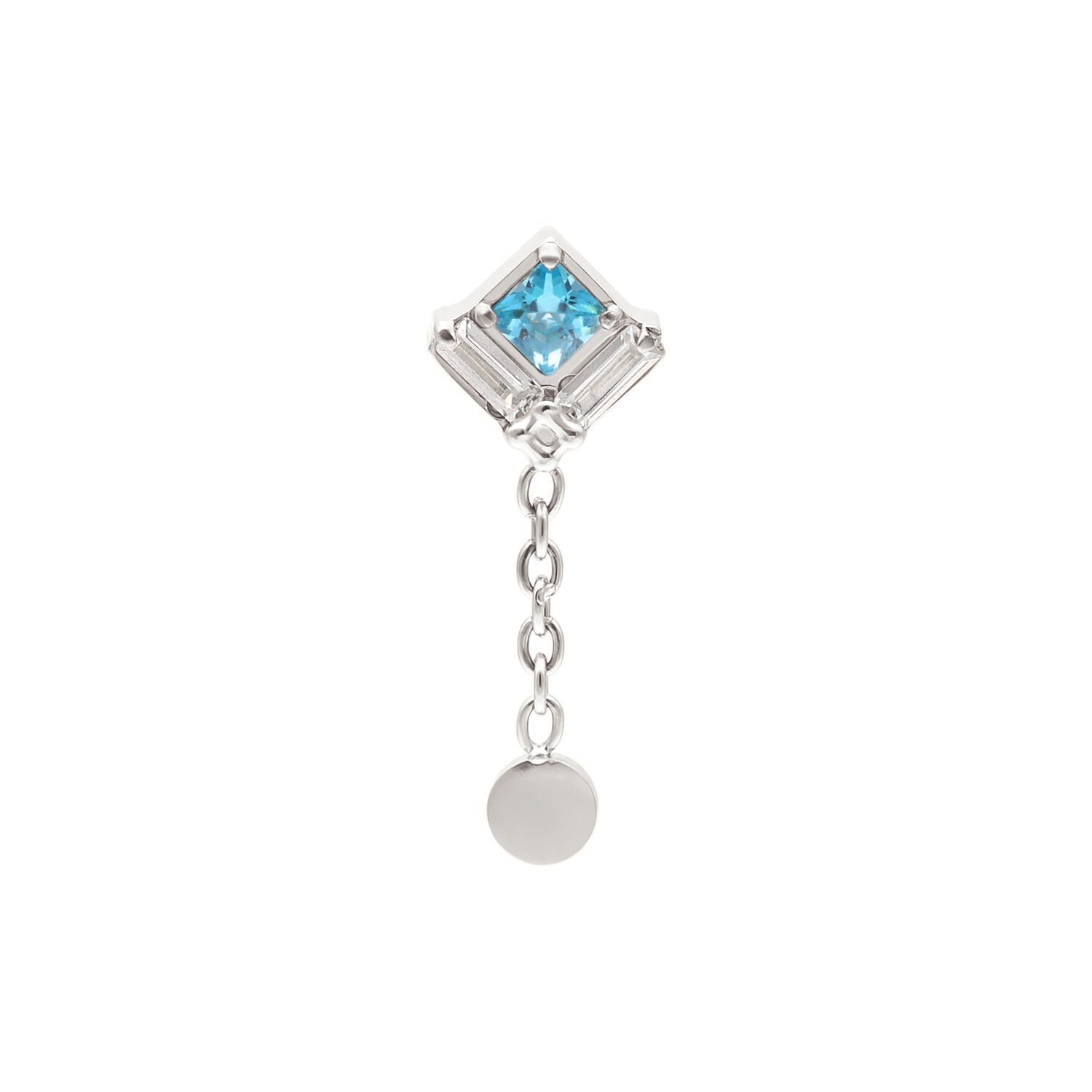 Inserto a catena in argento con cristallo blu quadrato su sfondo bianco