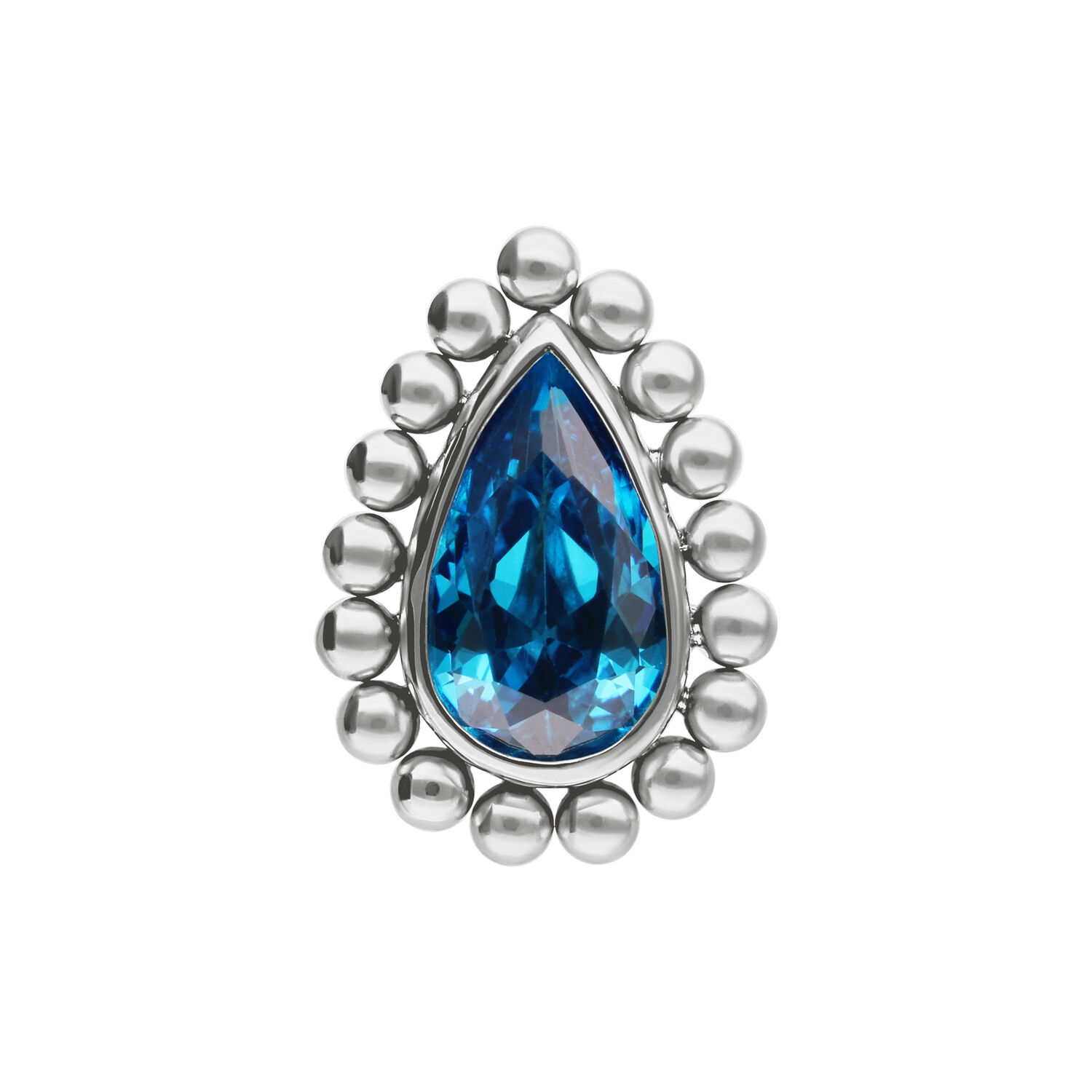Goccia di Cristallo Turchese Cristallo turchese a forma di goccia con perline d'argento su sfondo bianco