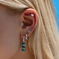 Accessorio per orecchio con cristallo turchese Orecchio con più piercing, incluso accessorio con cristallo turchese e cerchi in argento, davanti a un cielo blu