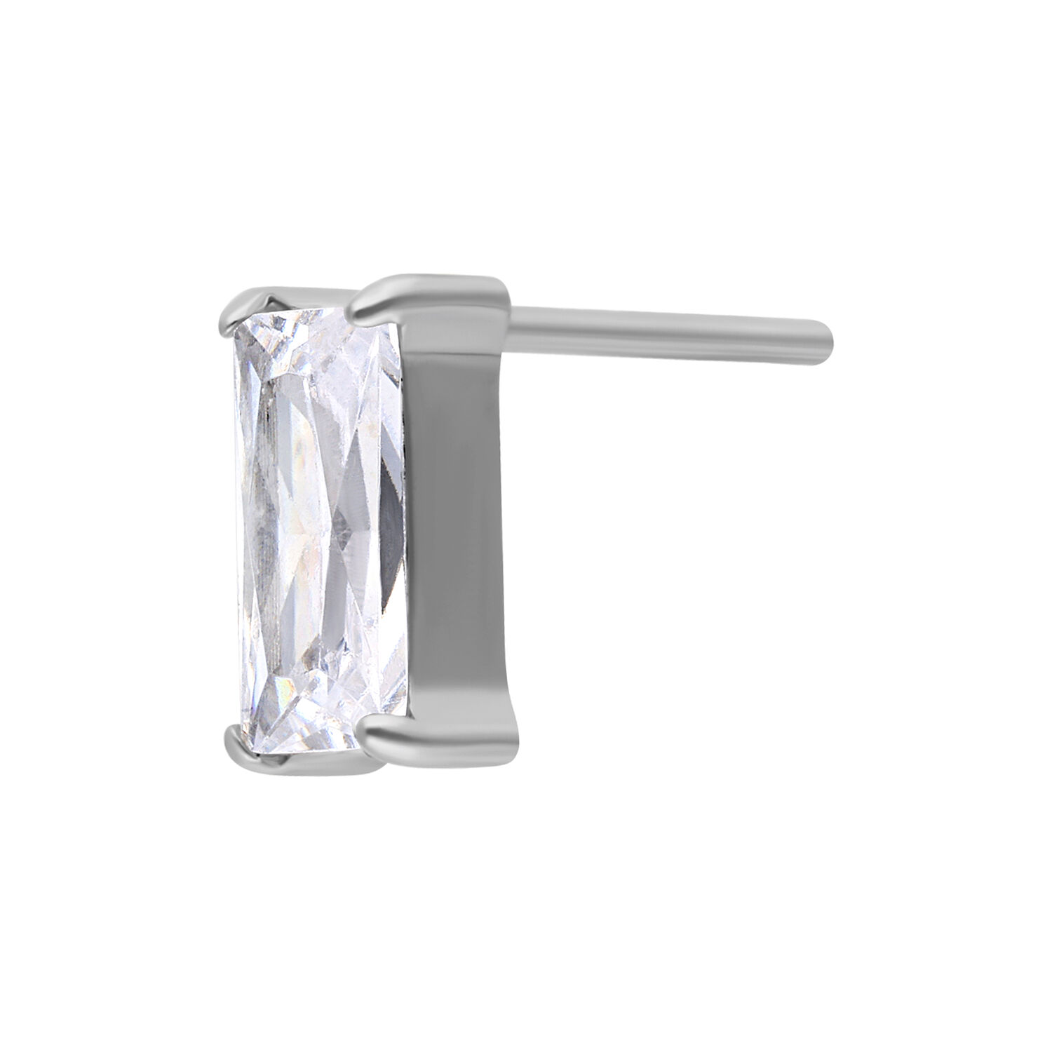 Attacco Push Fit argento con cristallo chiaro a forma di baguette su sfondo bianco