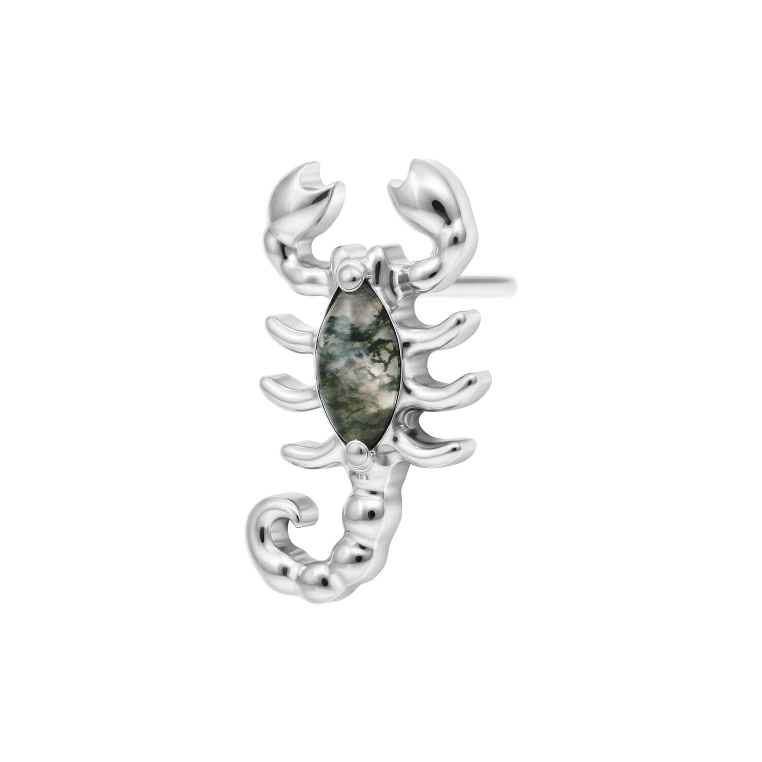 Ciondolo Scorpione in Oro Bianco con Agata Muschiata Ciondolo Scorpione in oro bianco con un cristallo di Agata Muschiata su sfondo bianco