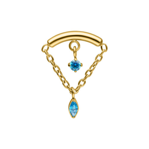 Accessorio per piercing dorato con due cristalli turchesi, uno in alto e uno in basso, su sfondo bianco